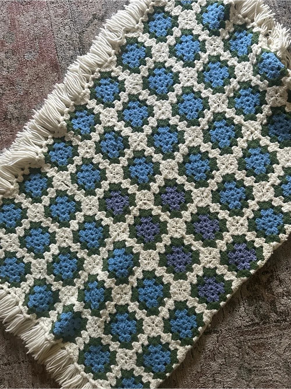Handmade Crochet Throw Blanket in Blue, Green & Cream fringe edge